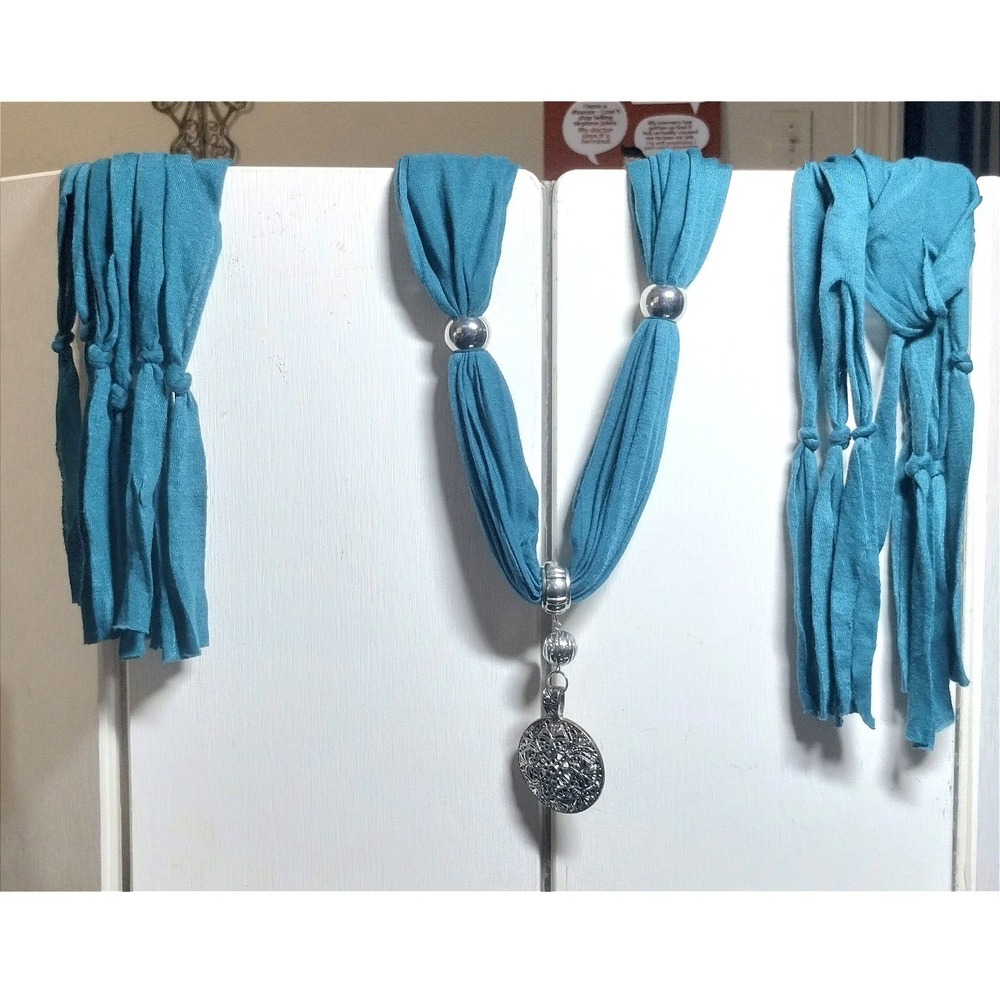 Teal Jersey Fabric Scarf Necklace Silver Filigree Mandala Pendant‎ Boho Fringe